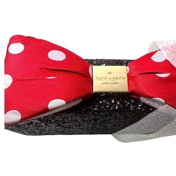 Kate Spade Womens Black Glitter Minnie Mouse Polka Dot Bow Clasp clutch Bag New - Picture 2 of 15